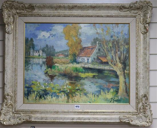 Jacques Geuens (1910-1991) French river landscape with a chateau 50 x 65cm